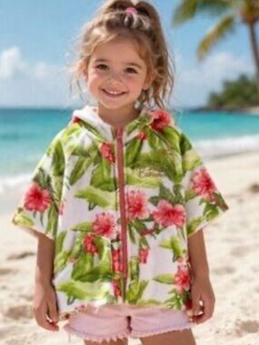 Tommy Bahama Golden Logo Hooded Towel Jacket w Pink Flowers & Lime Accents, EUC